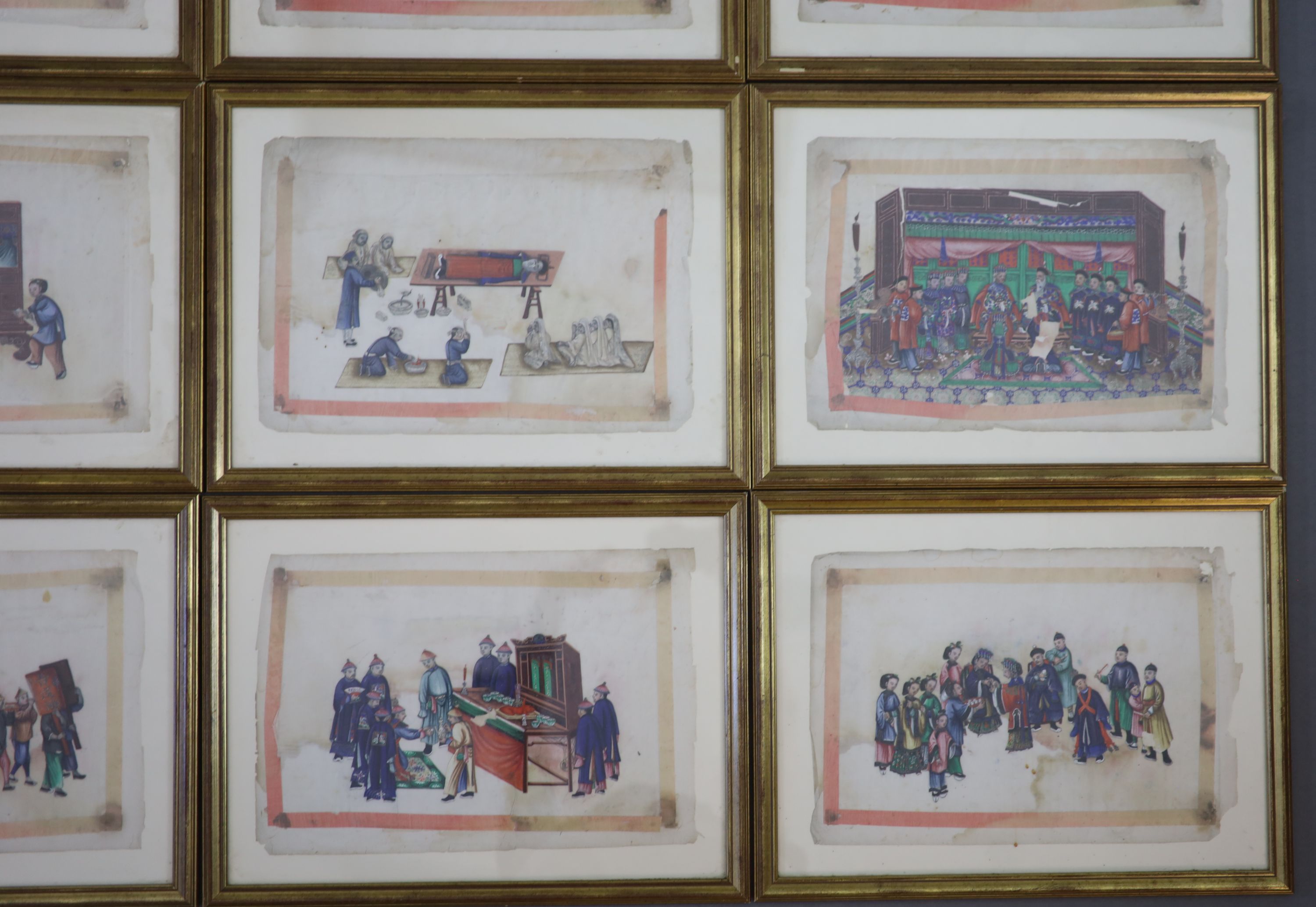 A set of twelve Chinese paintings on pith paper, 19th century, approx. 25.5 x 37cm